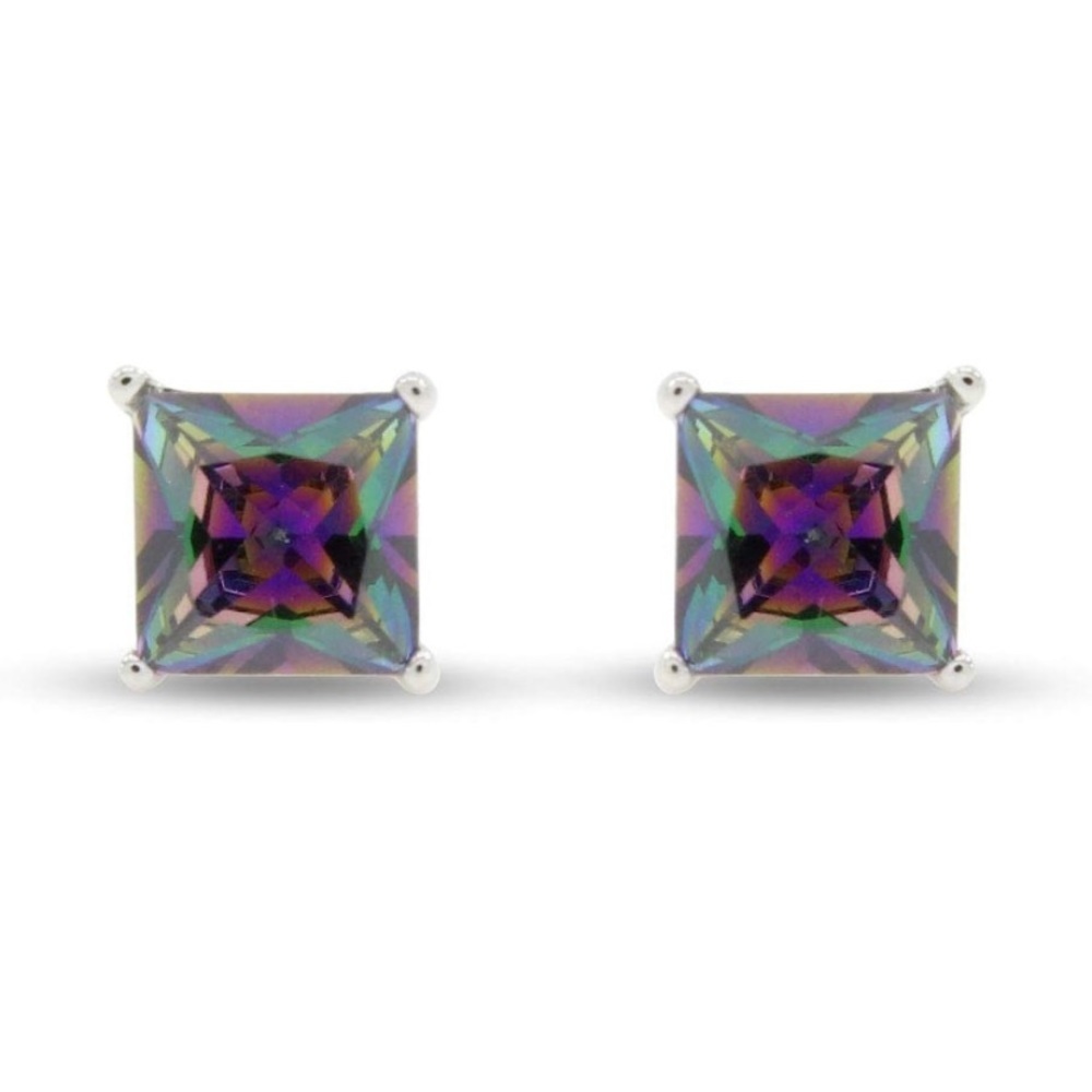14k 925 Mystic Fire Topaz Princess Cut Solitaire Earrings